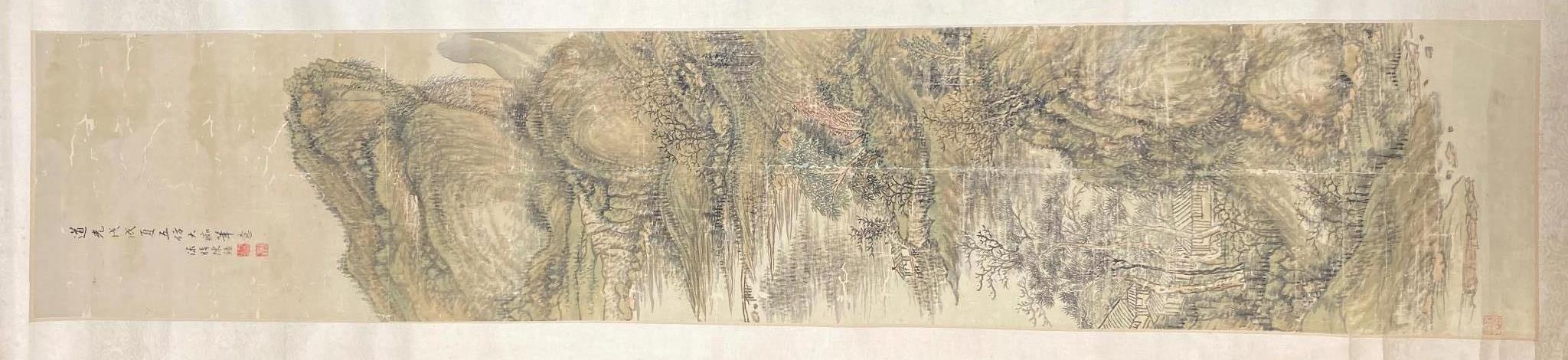 A Chinese landscape scroll painting on silk, Qing dynasty inscribed and signed, artist’s seal and collector’s seal lower left, image 139cm x 27.5cm, remounted